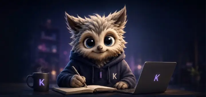 Karwl mascot writing in a notebook beside a laptop
